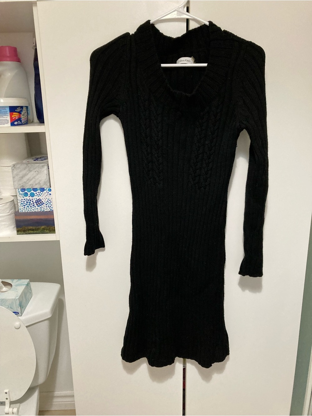 Black Cable-Knit Sweater Dress with Cowl Neck Calvin Klein